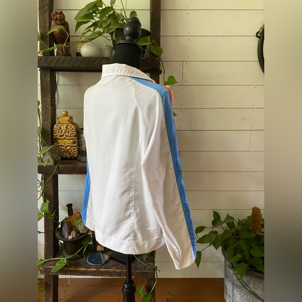 Nike: White Lightweight Bomber Jacket with Retro Blue and Orange Stripe Design - Picture 8 of 17